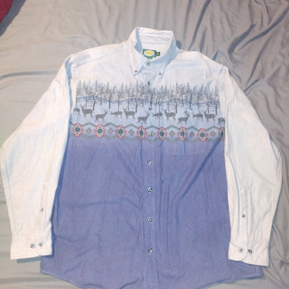 Cabelas Deerskin Soft Chamois Aztec Deer Print Button Down Shirt Size XL TALL.